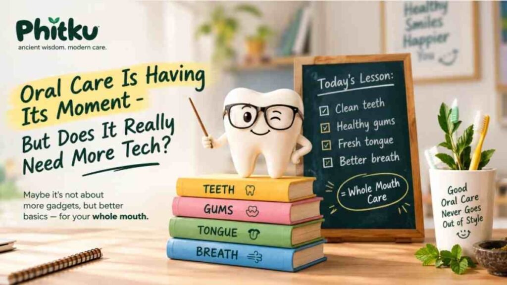 Holistic oral care products focusing on teeth, gums, and tongue alongside simple dental care essentials
