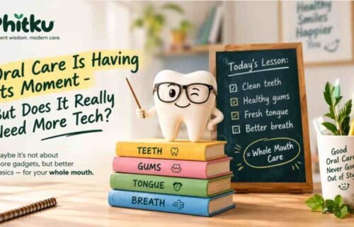 Holistic oral care products focusing on teeth, gums, and tongue alongside simple dental care essentials
